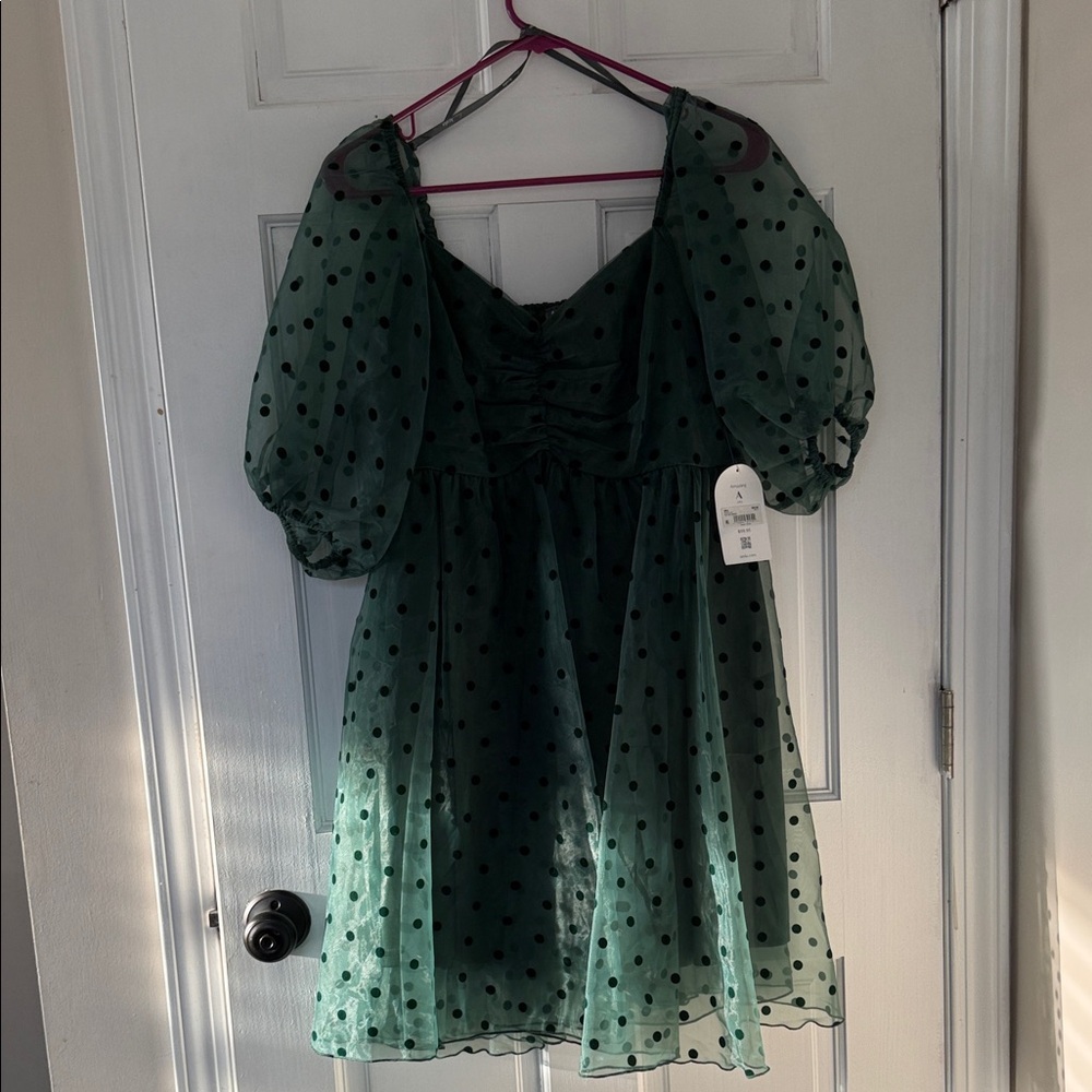 ARULA Dark Green Sheer Polka Dot Puff Sleeve Mini Dress